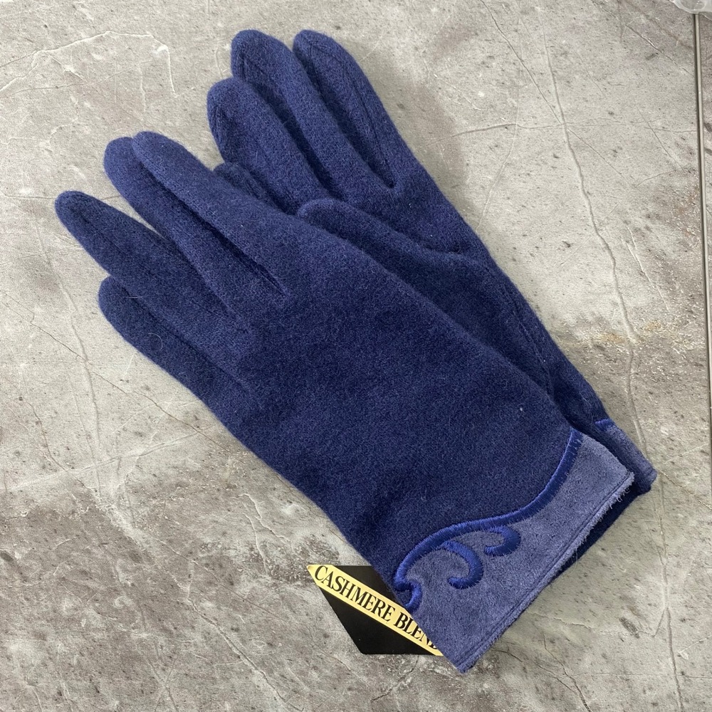 Navy Blue Cashmere Blend Gloves Lambswool Winter One Size Embroidered Cuff NEW